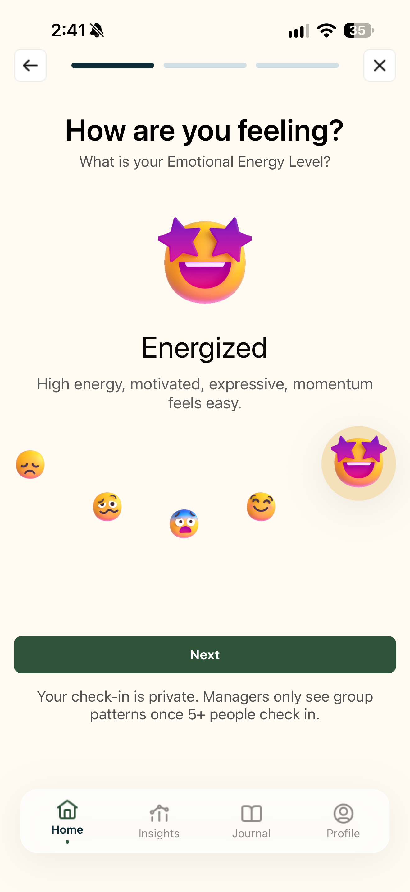 Paulo daily check-in with Energized selected among five states.